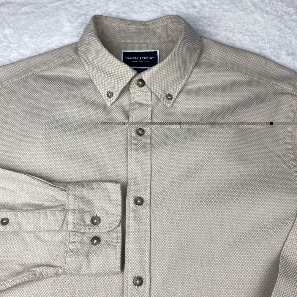 Charles Tyrwhitt Shirt Mens Large Beige Slim Fit Heavier Cotton Soft Touch